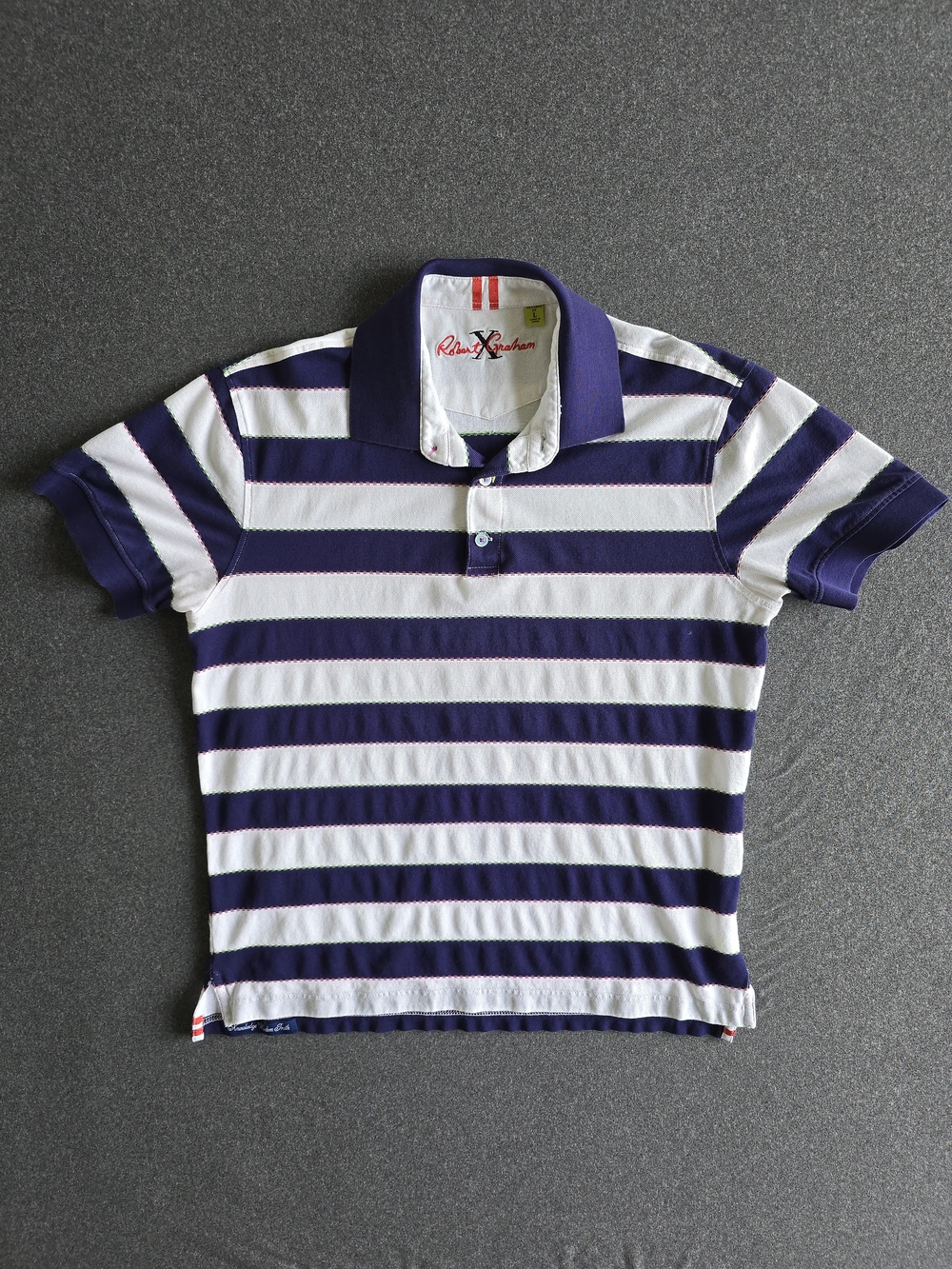 Robert Graham X Collection Polo Shirt Size Large Tailored Fit Navy White Striped